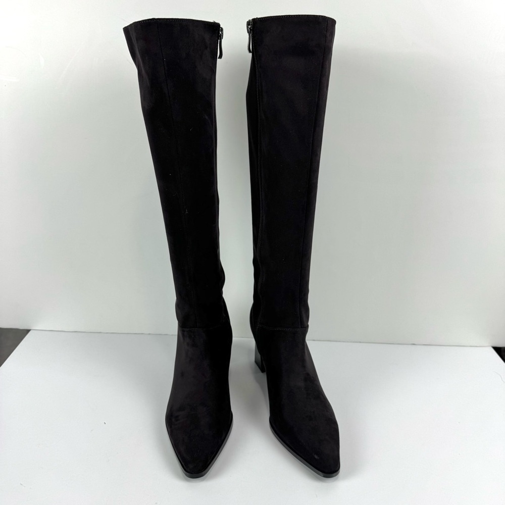 DKNY Salem Boots Dark Brown Witchy Pointed Toe Knee High Chunky Heeled Boots 6.5 - Picture 4 of 13